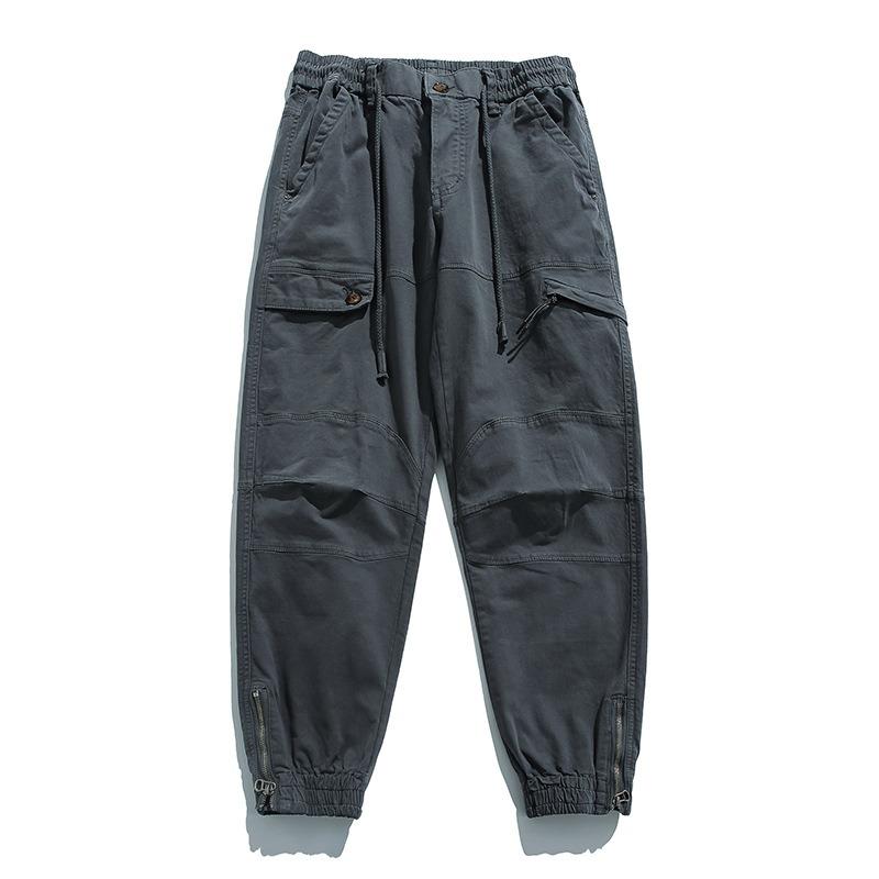 Green Men's Functional Overalls Pure Cotton Solid Color Elastic Texture Leggings Trendy Brand Multi-bag Fashion Casual Trousers