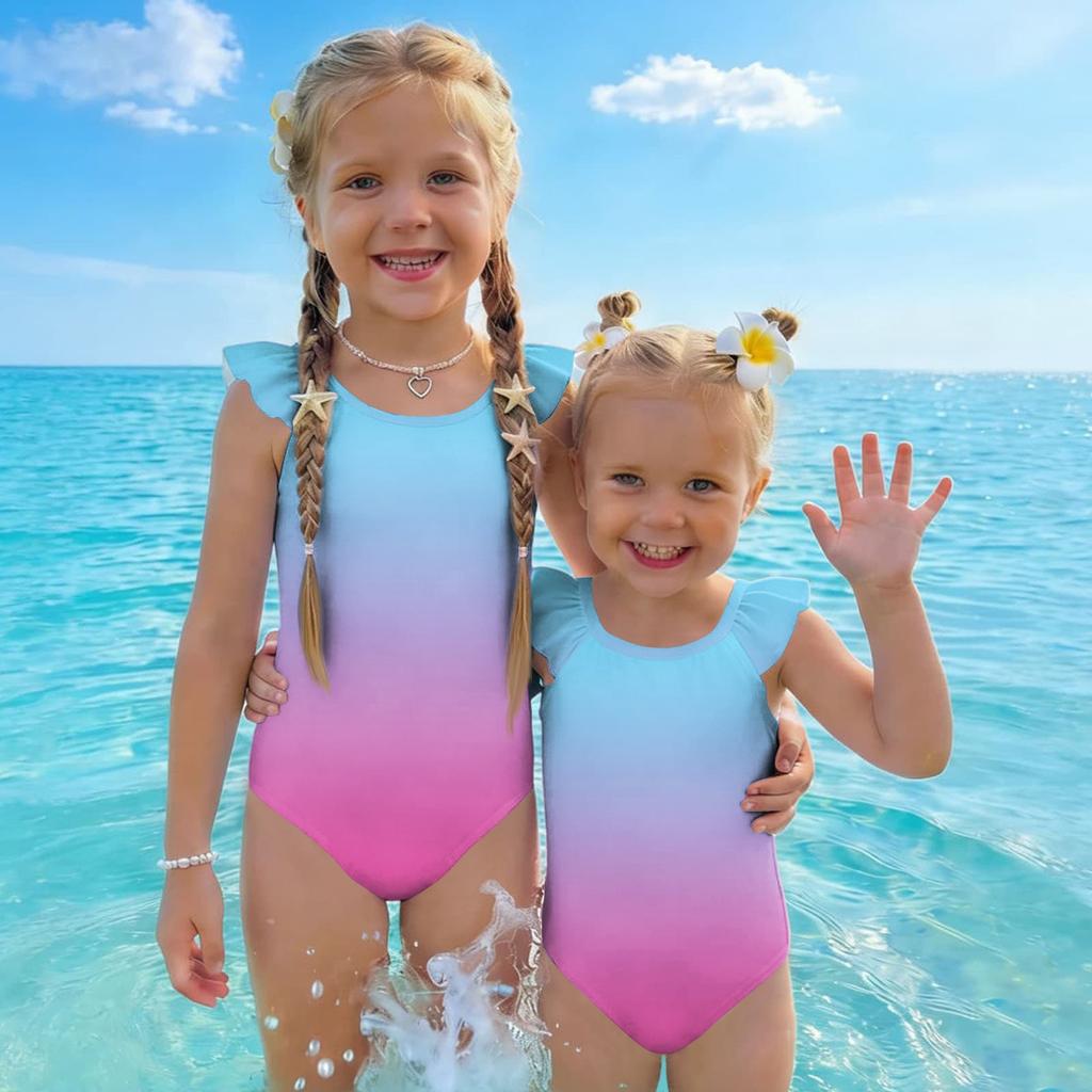 Girls One Piece Swimsuit Gradient Print Sleeveless Ruffle Shoulder Swimwear Summer Beachwear Kids Bathing Suit