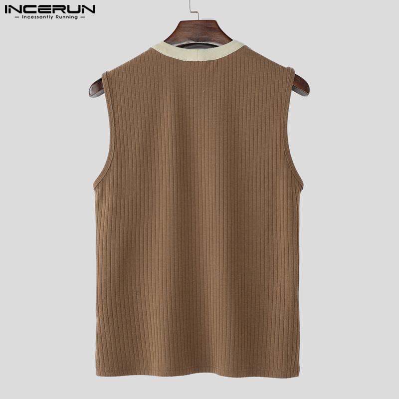 INCERUN Men V Neck Sleeveless Patchwork Rib Casual Tank Tops Undershirts