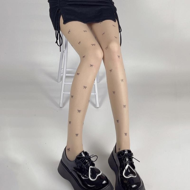 Women Sexy Ultra-Thin Sheer Silky Tights Japanese Sweet Bowknot Polka Dot Heart Printed See Through Pantyhose Stockings