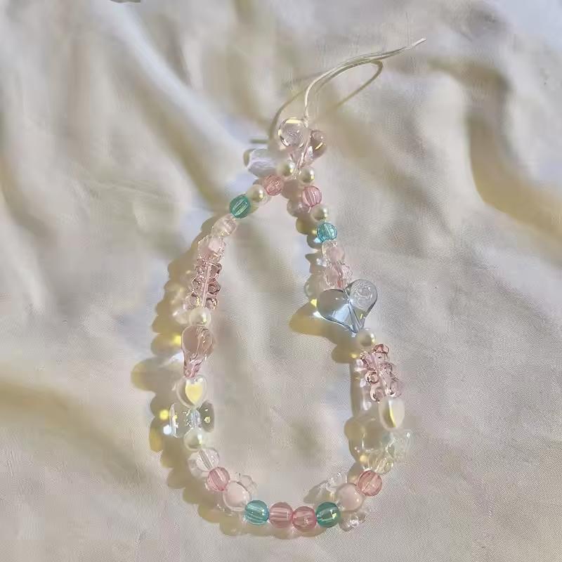 Cute Pink Love Heart Bowkont Beads Phone Chain Sweet Bear Hanging Rope Camera Lanyard Anti-lost Wrist Straps Bag Accessories