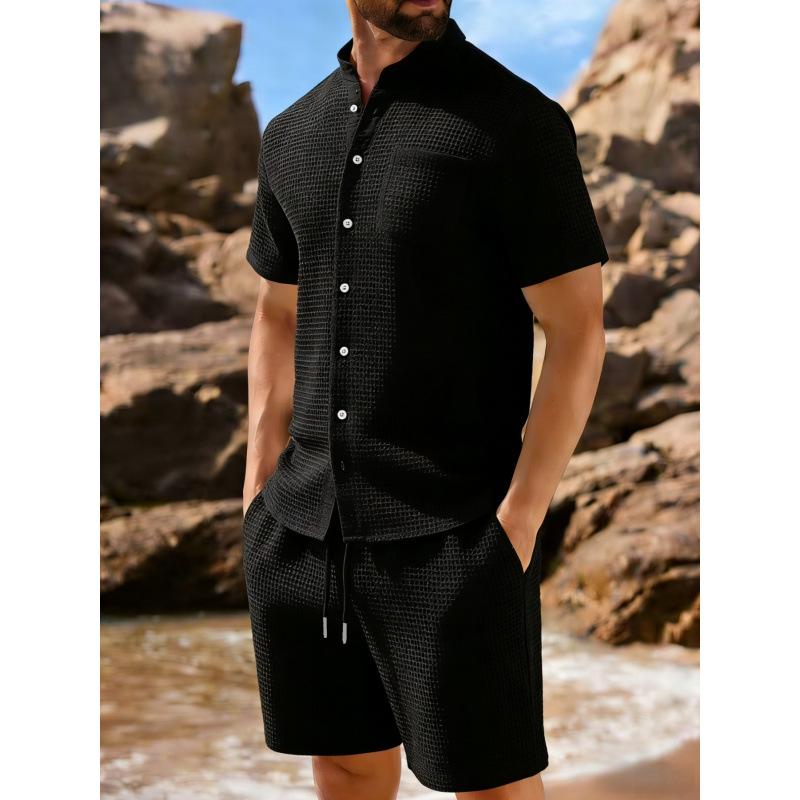 Men's Trendy Waffle Lapel Two-Piece Summer Set
