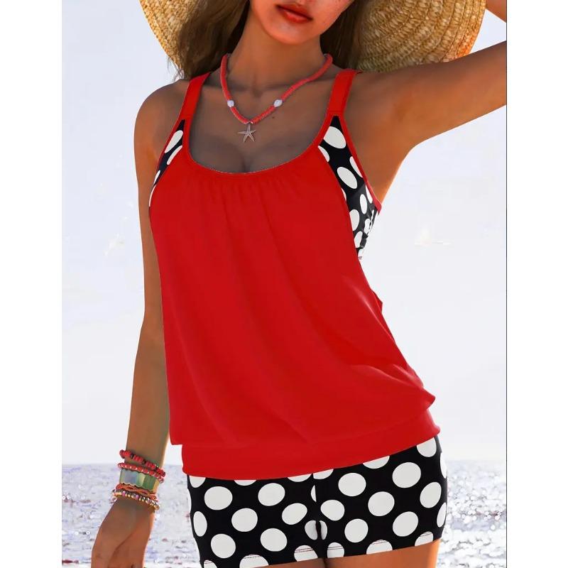 Women's Light Blue Polka Dot Tankini Set Racerback Two Piece Modest Swimsuit with Shorts