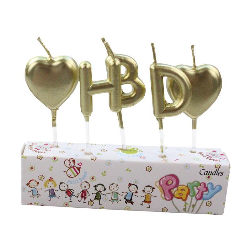 

Gold-plated Love Birthday Cake Candle Gold Silver English Initials HBD Baking Decoration Candle Champagne HBD Candle