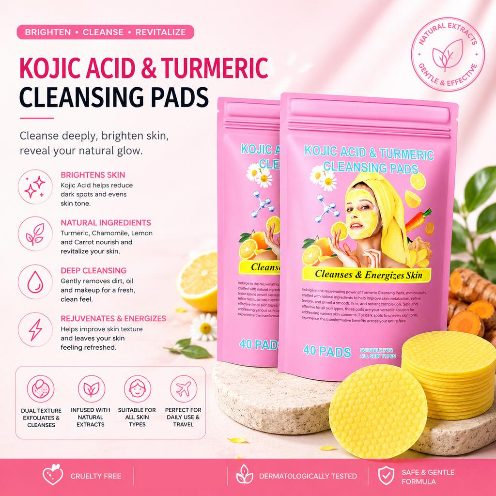 Turmeric Kojic Acid Pads Gentle Exfoliating Facial Cleansing Wipes for Dark Spots & Brightening Face Pads 30 Count