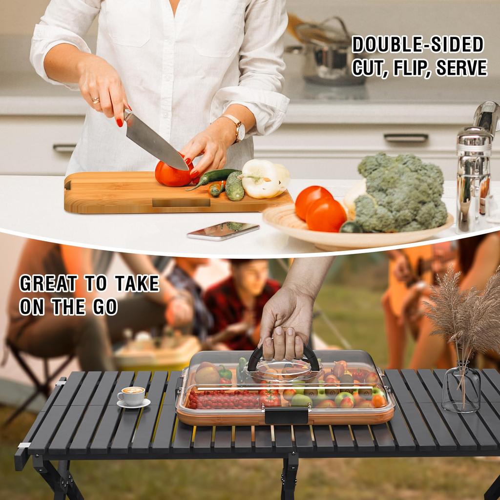 Charcuterie Board With Lid Portable Bamboo Cheese Board Snackle Fruits Divided Serving Tray for Party Picnic Locking Handles