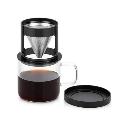 Tragbarer Übergieß-Kaffeefilterbecher aus Edelstahl, persönlicher Kaffeebecher mit Glastassenständer, 300 ml