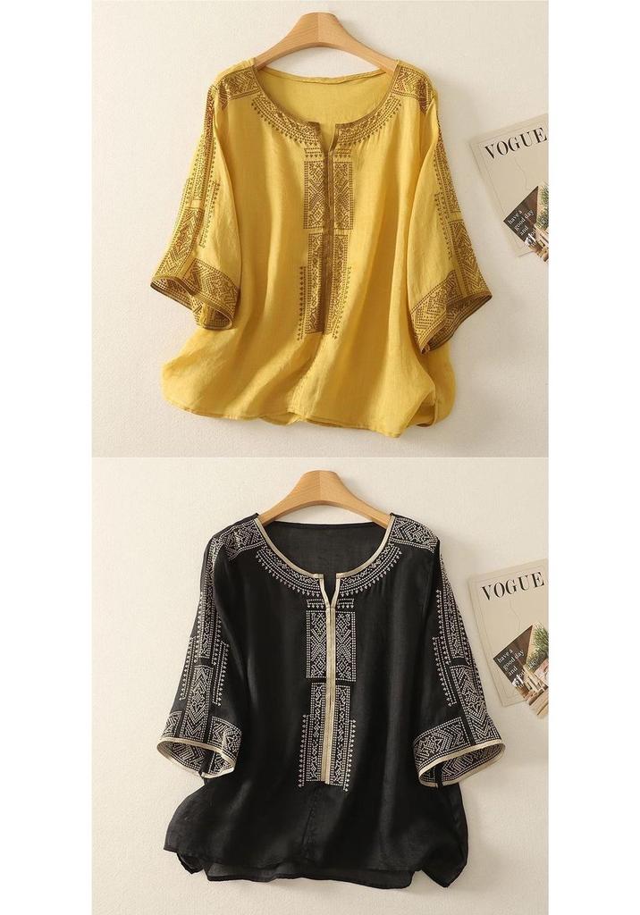 Elegant Chiffon Top: Popular Chinese Style Mid-Aged Women's Five-Point Sleeve Printed T-Shirt