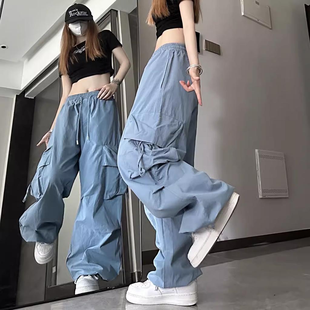 Béžové Hip Hop Cargo Kalhoty Dámské Harajuku Y2K Vintage Baggy Streetwear Oversize Široká noha Padákové kalhoty Dámská korejská móda