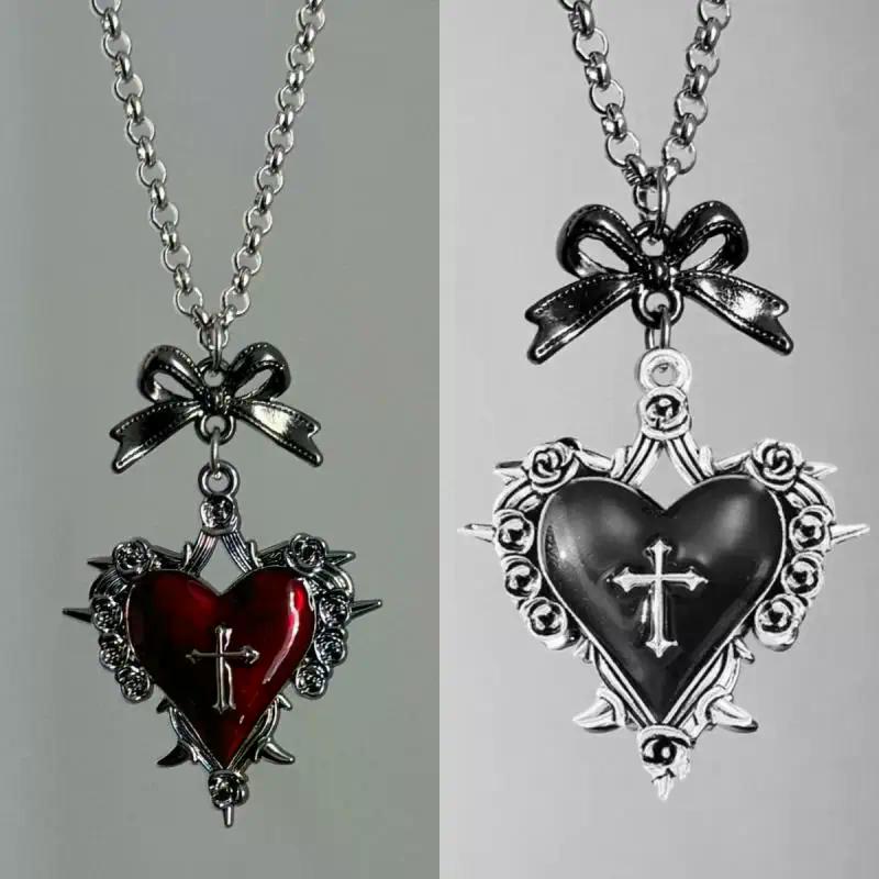 Y2k Bow Cross Heart Necklace For Girls Gothic Jewelry Vintage Accessories Rose Goth Collares Chain For Women Man Punk Necklace
