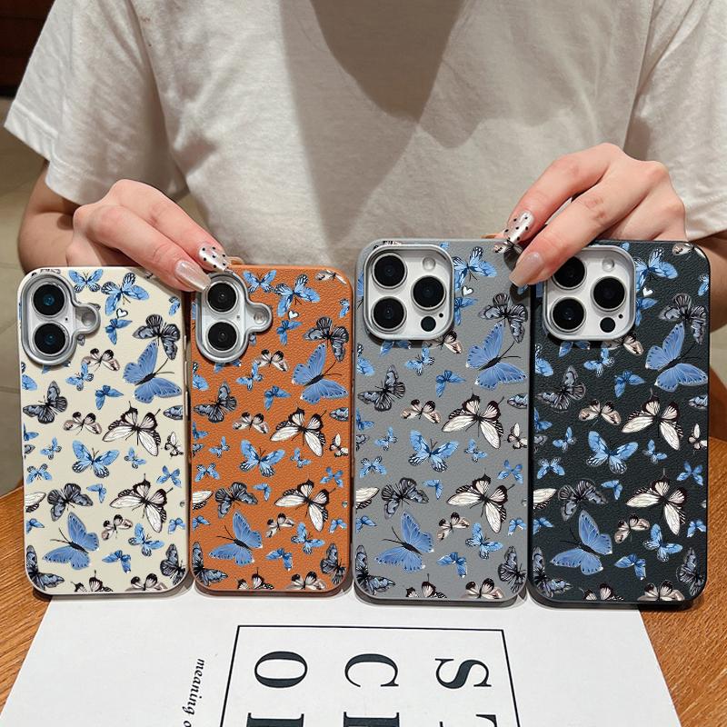 Leather Soft TPU Case For iPhone 16 16e 15 Pro Max 14 13 12 11 Small Butterfly Printed Shockproof Soft Silicone Phone Cover