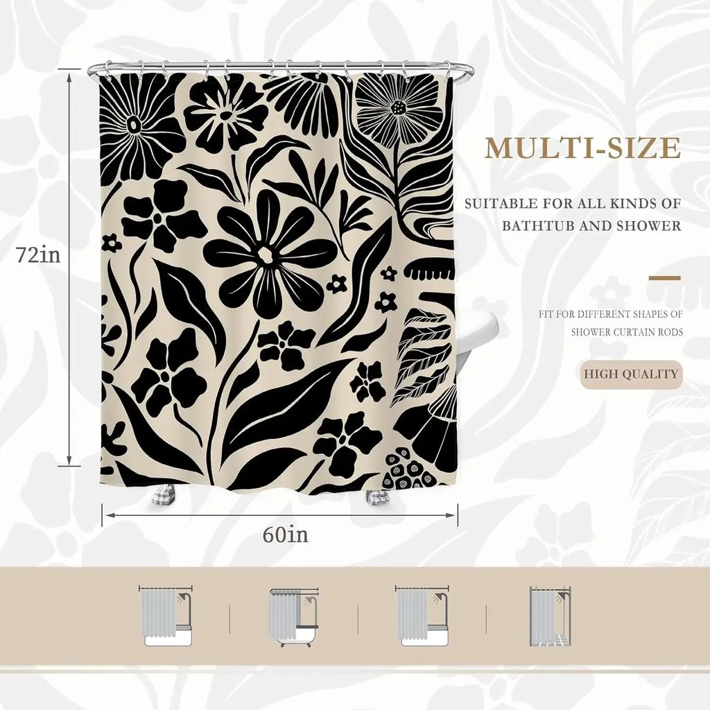 Vintage Bohemian Abstract Black Floral Shower Curtain Modern Bathroom Bath Accessories Home Decorative Shower Curtain