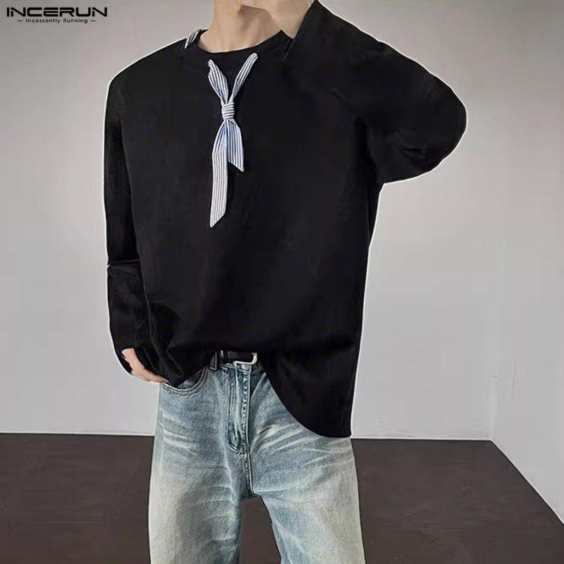 INCERUN Spring Men Striped Tie Long Sleeve Casual Loose Pullover T-shirts Tops