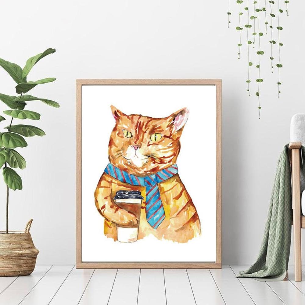 Cat Drinking Coffee Wine Painting Wall Poster Watercolor Art Print Funny Nursery Kitchen Canvas Cute Animal Room Home Decor