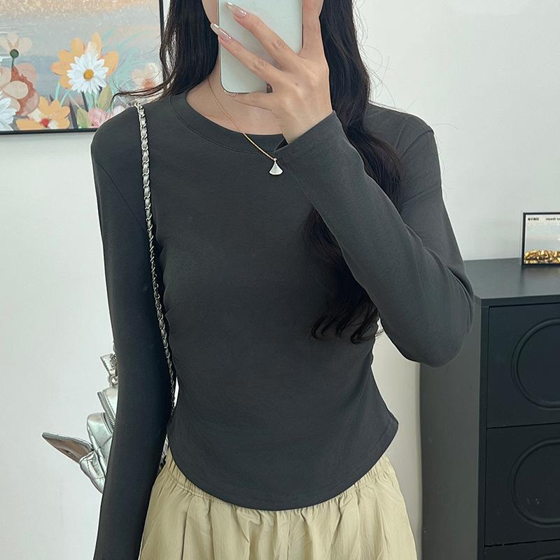 2 Cotton Wrinkled Bottoming Shirt Women's Autumn and Winter New Inner Slim-fitting Long-sleeved Top Crew Neck Front Shoulder Shirt