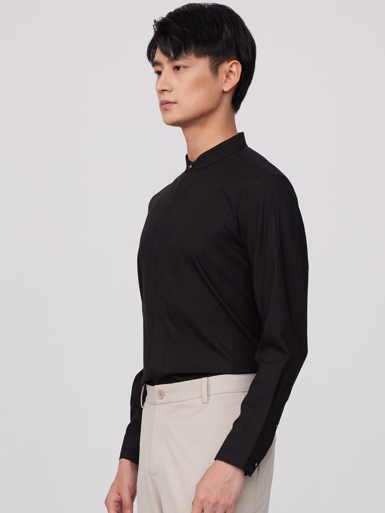 Men's Front Hidden Button Solid Simple Dress Shirt Without Pocket, Casual Breathable Stand Collar Button Up Long Sleeve Shirts For Business Activities