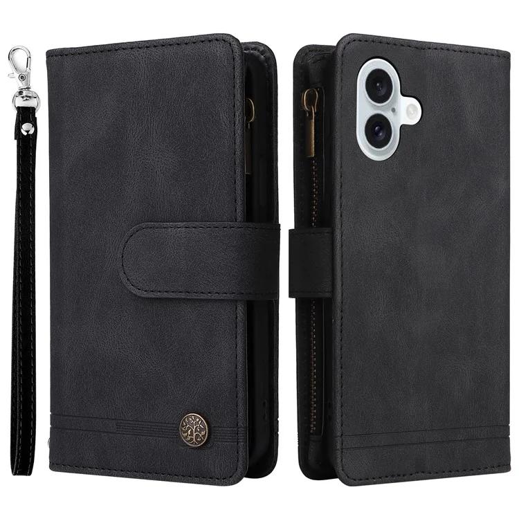 

For iPhone 16 Plus Case Zipper Pocket Leather Flip Phone Cover with Hand Strap