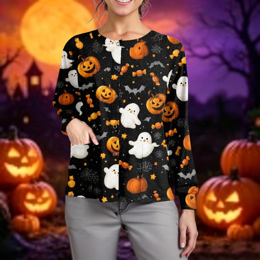 Women Casual Long Sleeve Button Up Cardigan Halloween Ghost Print Lightweight Knit Sweater Top for Caregivers and Everyday Wear