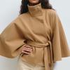 Womens Solid Color Stand Collar Wool Blend Coat Button Belted Casual Overcoat
