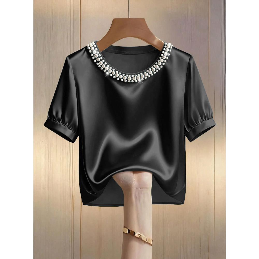 Damen Rundhals Perlenbestickt Puff Kurzarm Einfarbig Satin Lockerer Schnitt Elegant Büro Freizeit Bluse Top