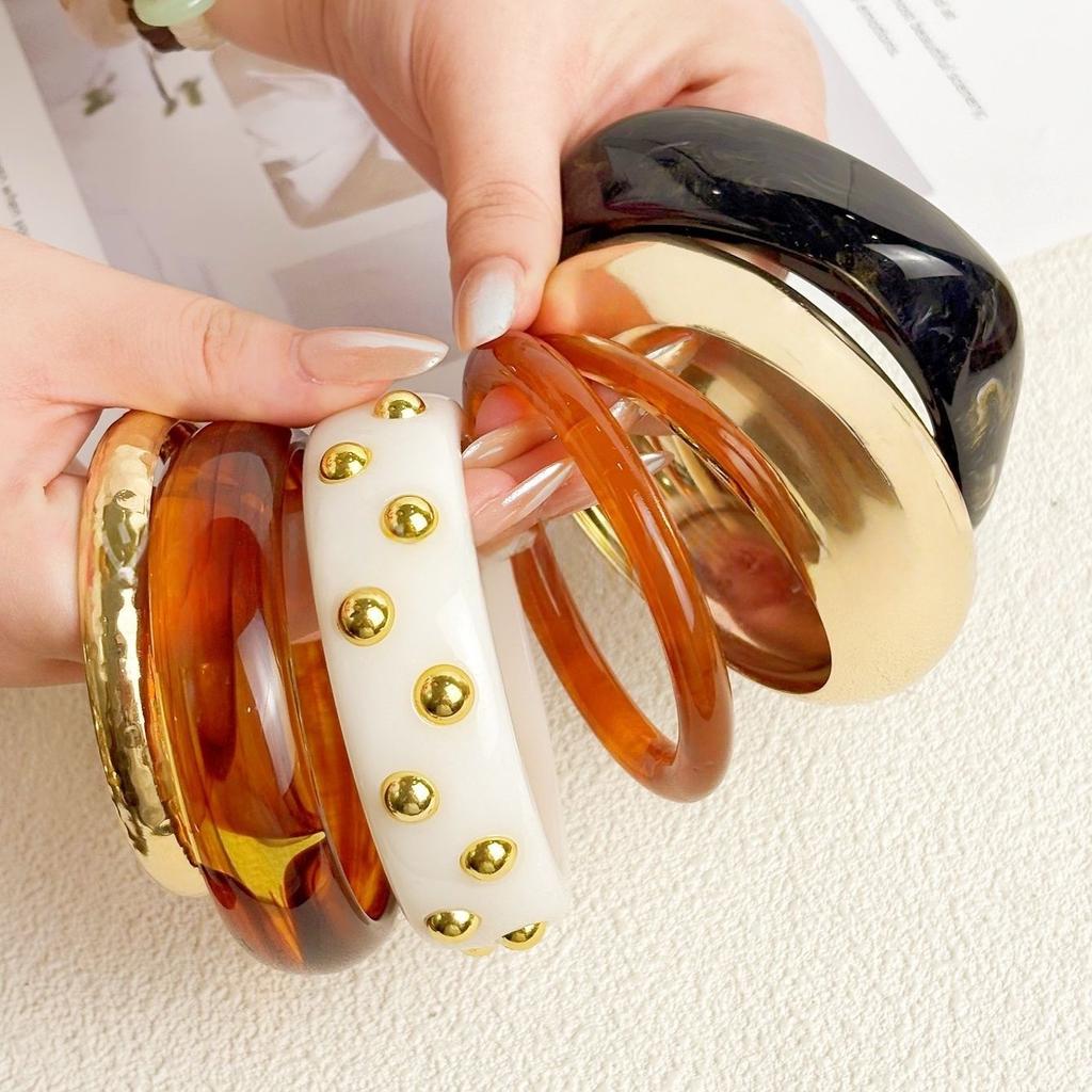 Irregular Punk Geometric Acrylic Resin Wide Bangles Vintage Fashion Gold Color Metal Bracelet Bangle For Women Men Jewelry
