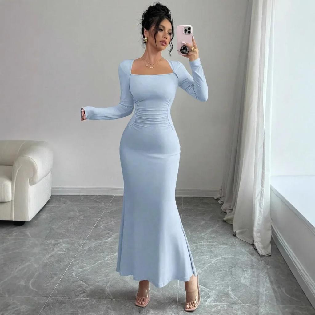 Elegant Long Sleeve Fish Tail Dress Women's Fashionable Slim Fit Sexy Gown Full Length Ankle Skirt Regular Waistline