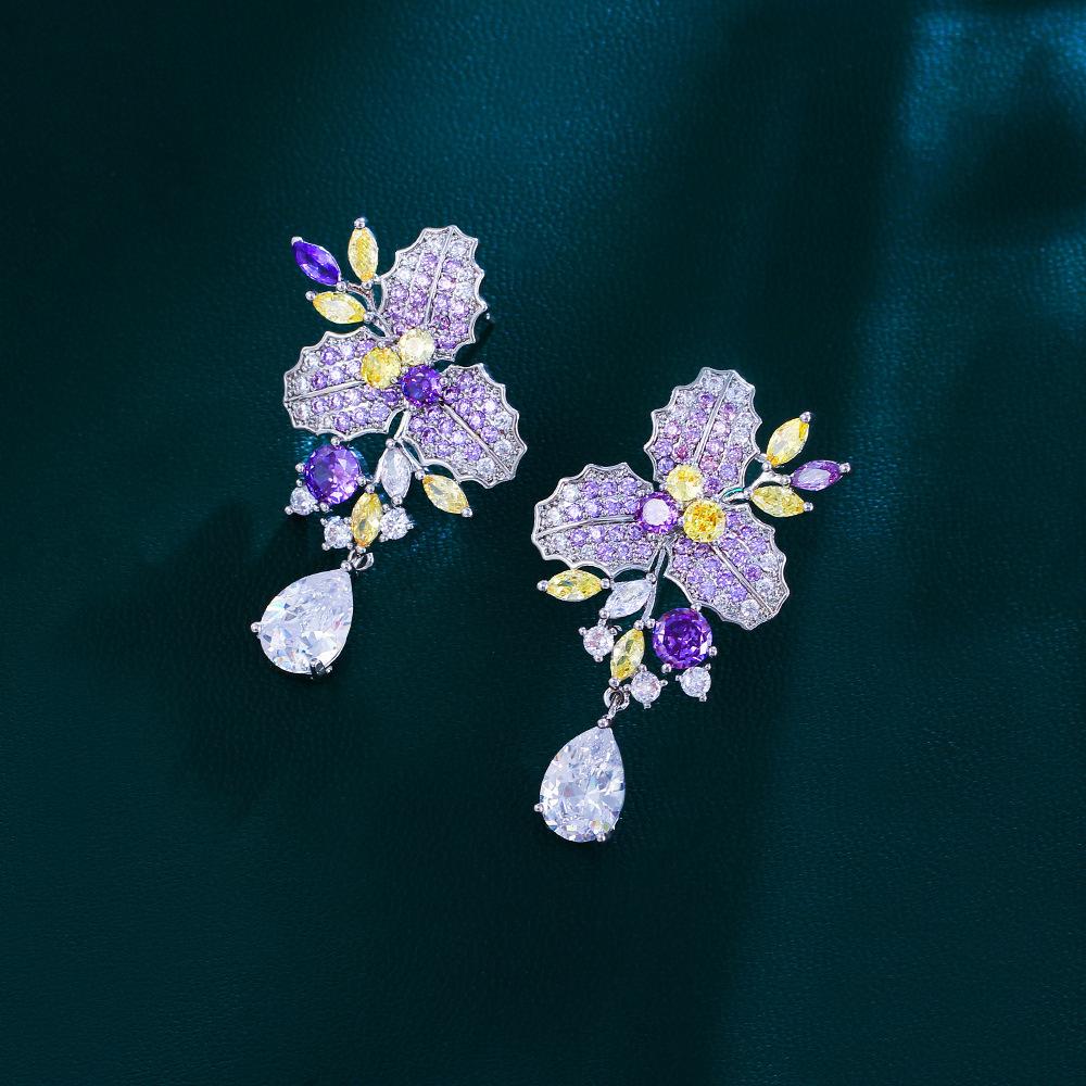 French Light Luxury Temperament Design Sense Flower Full Diamond Drop Earrings Bright Zircon Ear Jewelry