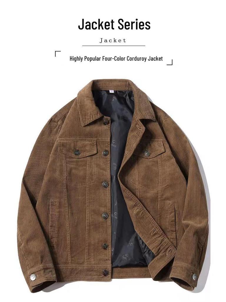 Men's Retro Corduroy Lapel Jacket - Spring/Autumn Casual Workwear, Loose Fit Pure Cotton