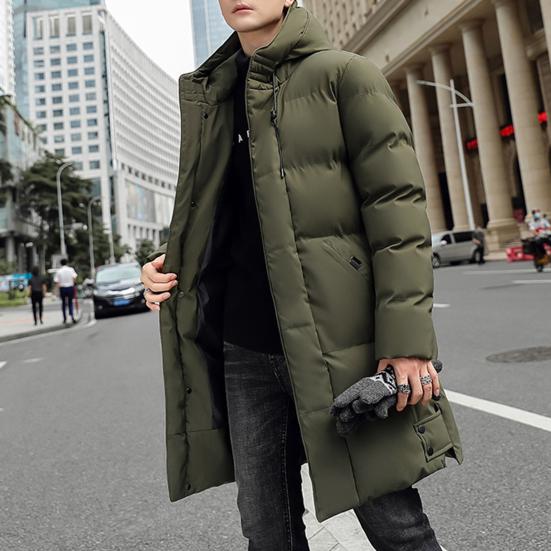 Winter Down Coat Hooded Thickened Solid Color Padded Cardigan Keep Warm Midi Length Zip Up Plus Size Men Winter Coat for Daily Wear