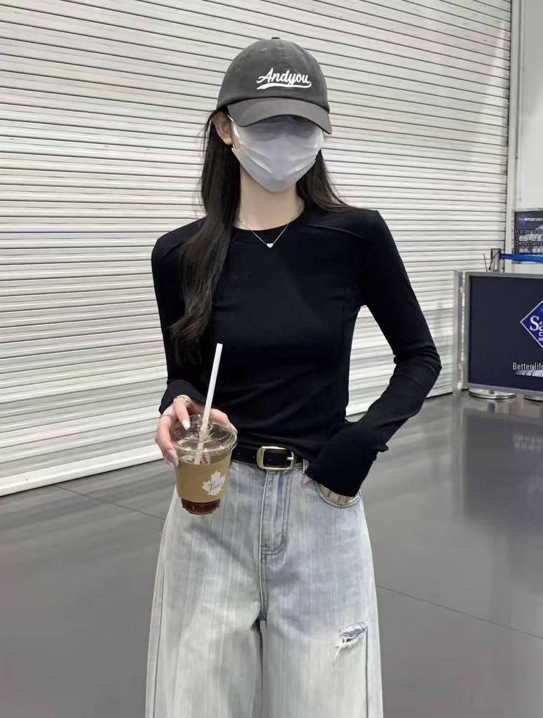 2025 Autumn Women's Round Neck Fishbone Shoulder Slimming Long Sleeve Top