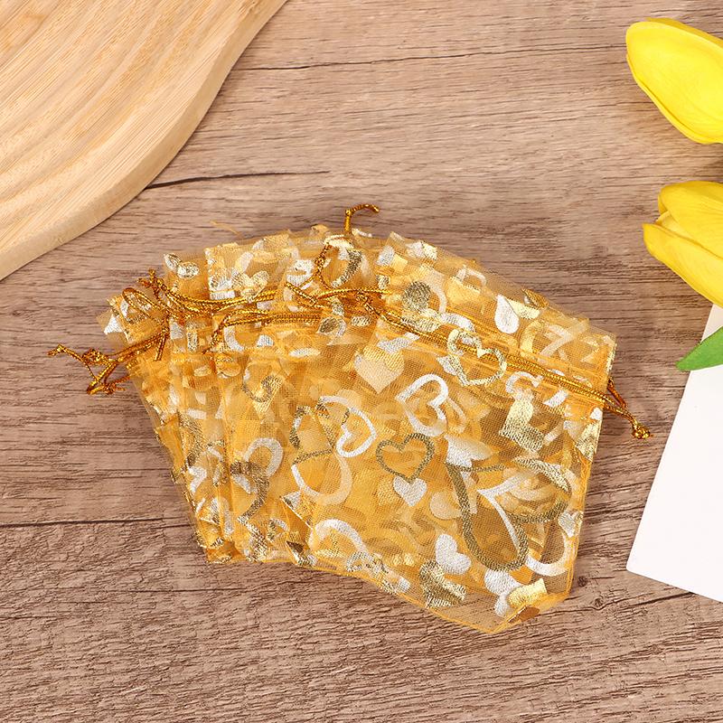 

10 шт. 7*9 см Органзові подарункові мішечки з дизайном у формі сердець, зі стяжкою, для весільної вечірки, прикраси, пакування ювелірних виробів, цукерок золотий