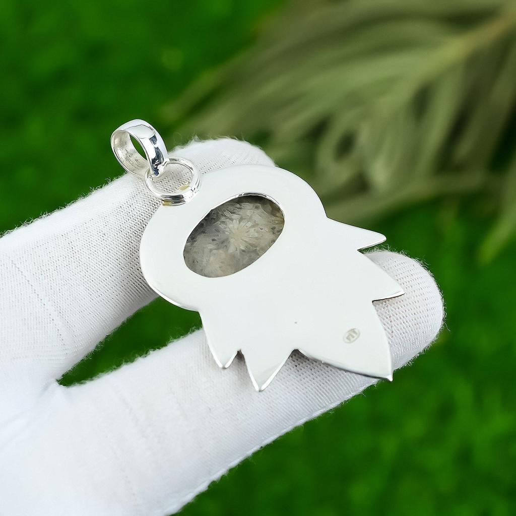 Pendentif Pierre Gemme Corail Fossile Naturel Gris Argent Sterling 925 Bijoux Indiens