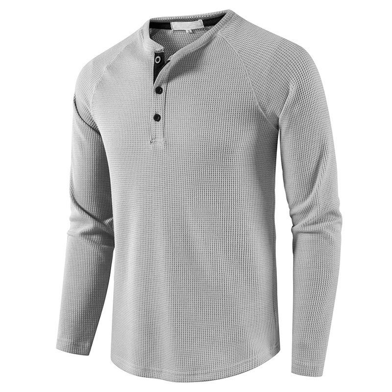 European and American Style Men’s Solid Waffle Henley Shirt Long Sleeve T-shirt Buttoned Round Neck Top