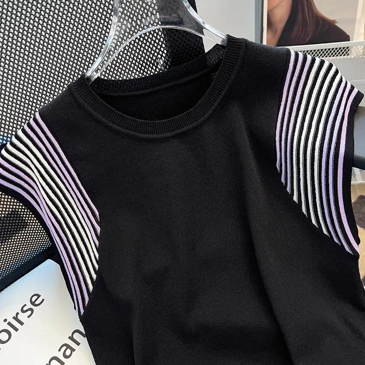 Women's Summer Ice Silk Spliced Sleeveless Knitted Vest Commute Thin Pullover T-shirt