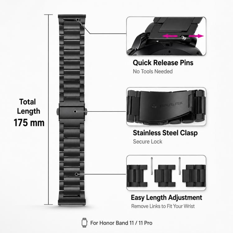 Three‑Beads Stainless‑Steel Replacement Watch Band Strap for Honor Band 11 / Band 11 Pro