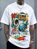 T-shirt Bianca con Stampa Graffiti Street Art su Testa di Uomo Girocollo Casual Cotone Maglia a Maglia con Elasticità Media Vestibilità Regolare Per