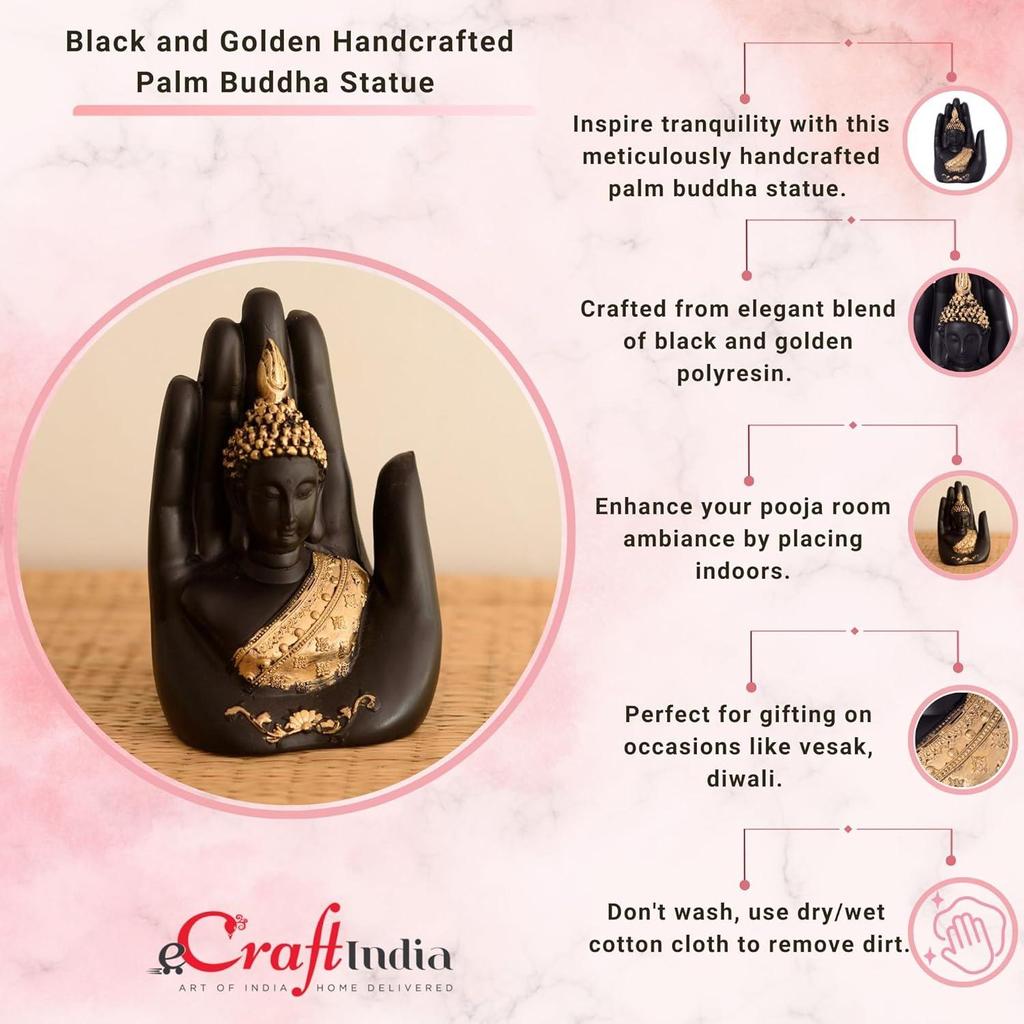 Polyresin Golden Handcrafted Palm Buddha Polyresin Showpiece (12.5 cm x 7.5 cm x 17.5 cm, Black)