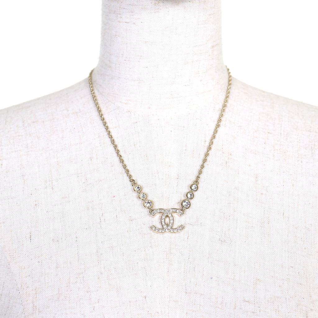 Excellent CHANEL Necklace COCO Mark Rhinestone Chain gold Women B25S Used
