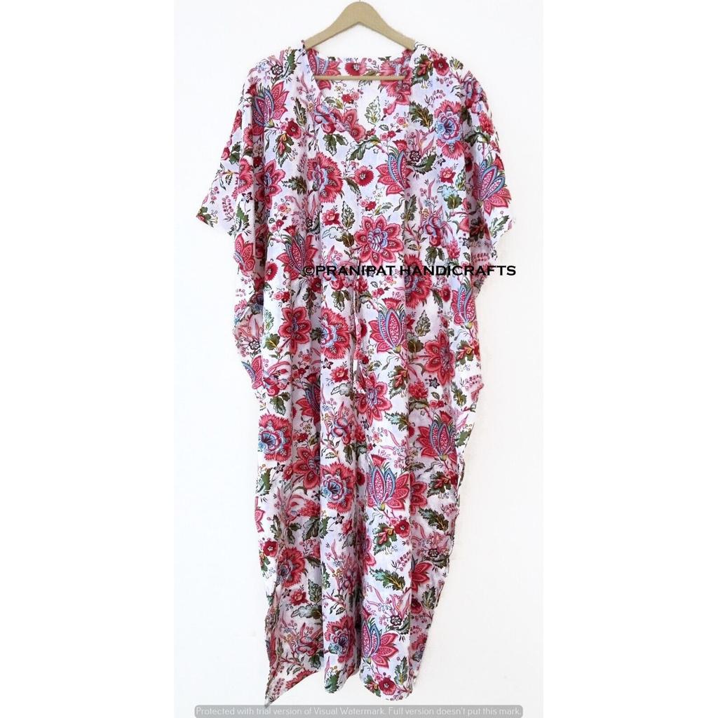 Pijama de vară din bumbac pentru femei, cu imprimeu floral, albă, lungă, maxi, etnică, tip caftan, CKFTN-SCRN-FULL-BUYIT-066
