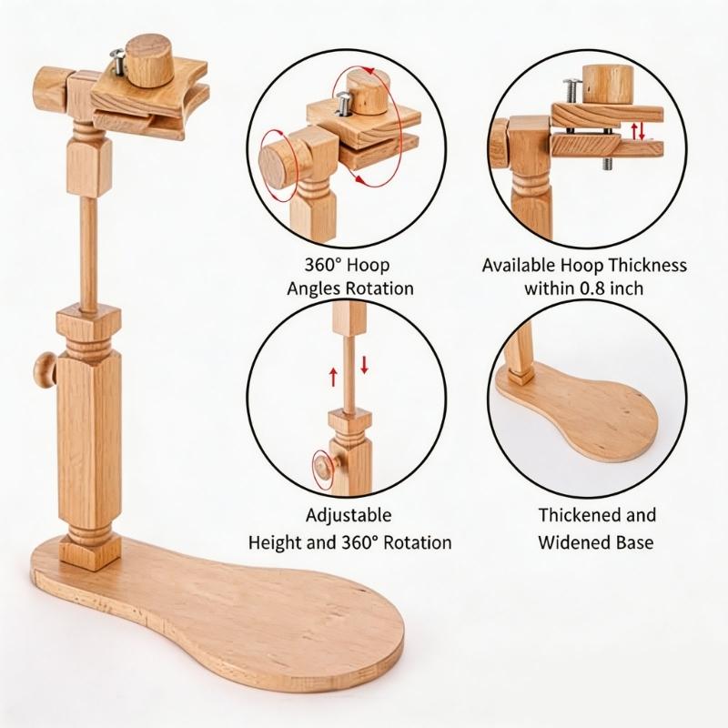 Wood Embroidery Stand with Repositionable Fabric Support, Smooth Components, and Rounded Edges During Needlework Tasks