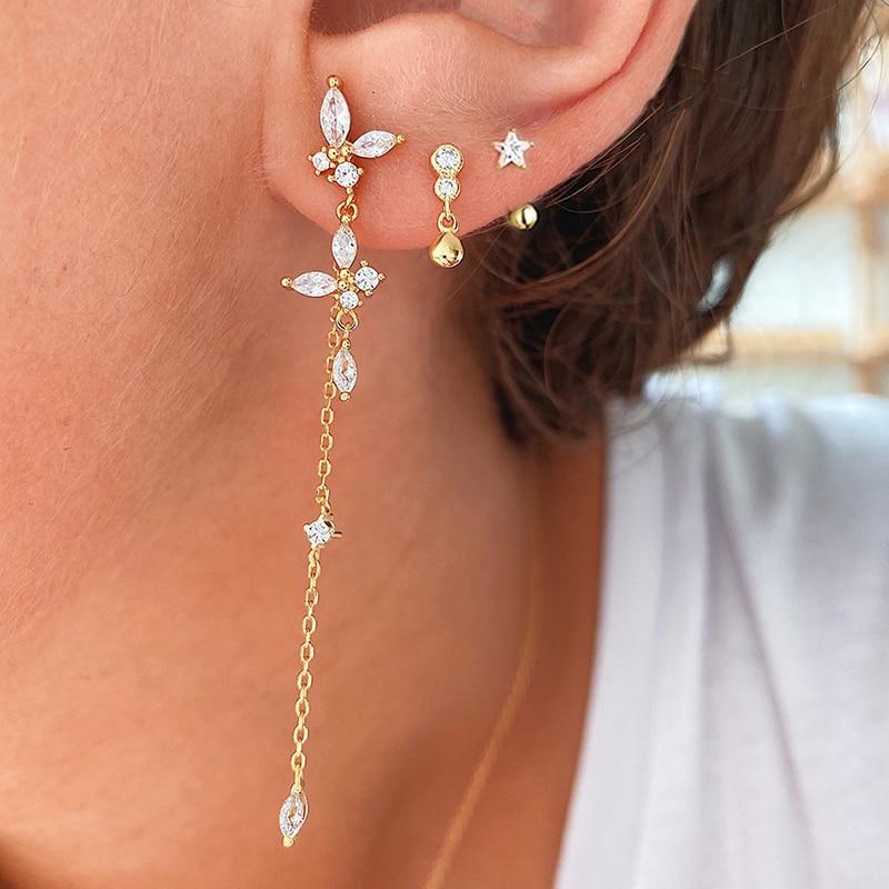 2PC Stainless Steel Zircon Tassel Chain Dangle Earrings For Women Fashion Gold Color Butterfly Pandent Earring Piercing  Jewelry