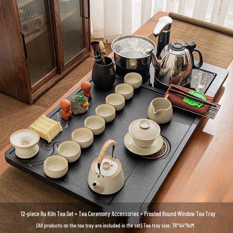 Qiányù Ru Kiln Ceramic Tea Set with Automatic Kettle and Tea Tray