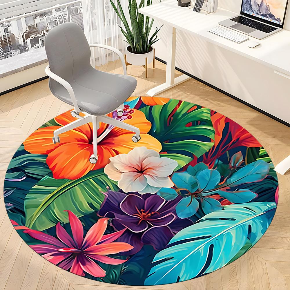 1pc Tropical Flowers Office Round Area Rug, Under Office Chairs Bedroom Living Room Home Decor, Room Deco