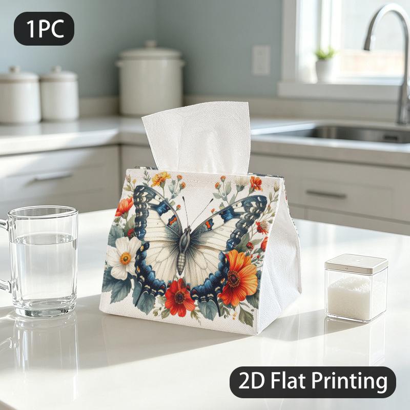 1pc Tissue Box, Watercolor Style Butterfly Flower Elegance Pattern, 2D Flat Printing, Multi-Purpose, Folds Flat, Napkin Dispenser, for Household Tasks