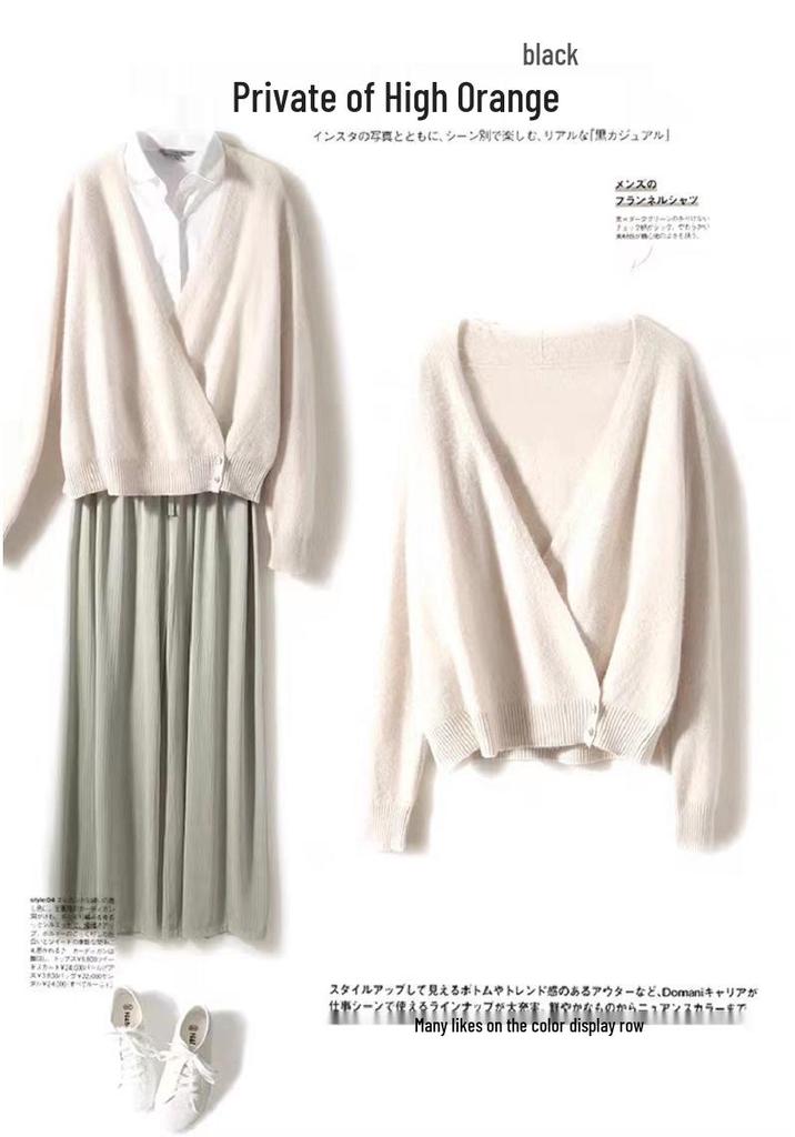Women's 100% Pure Wool V-neck Cardigan with Side Buckle - Autumn/Winter Long-Sleeve Knit Top
