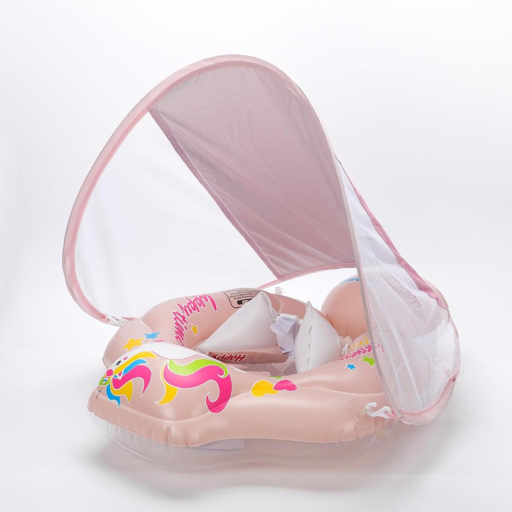 Children's Cartoon Inflatable Swimming Ring with Anti-Rollover Airbag and Sunshade Canopy