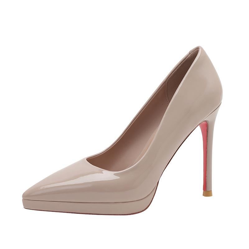 Nude Waterproof Table High Heels Women's Stiletto 2026 New Versatile Temperament Pointed Single Shoes Sexy Patent Leather Red Soles