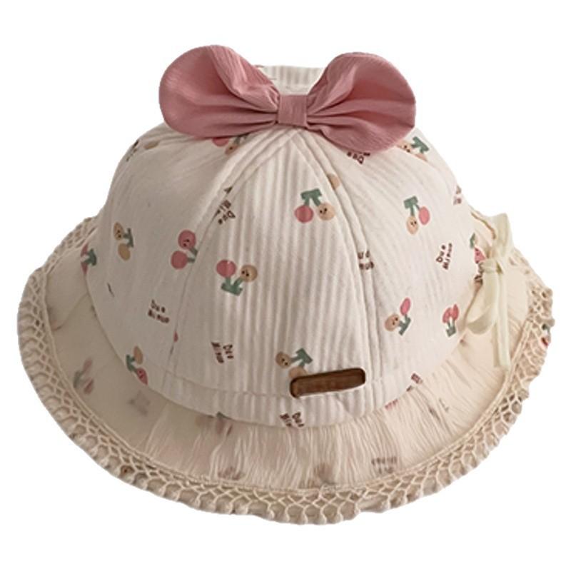 Baby Girl Floral Bucket Hat With Bowknot And Double Cherry Pattern Stylish Sun Hat For Infants And Toddlers