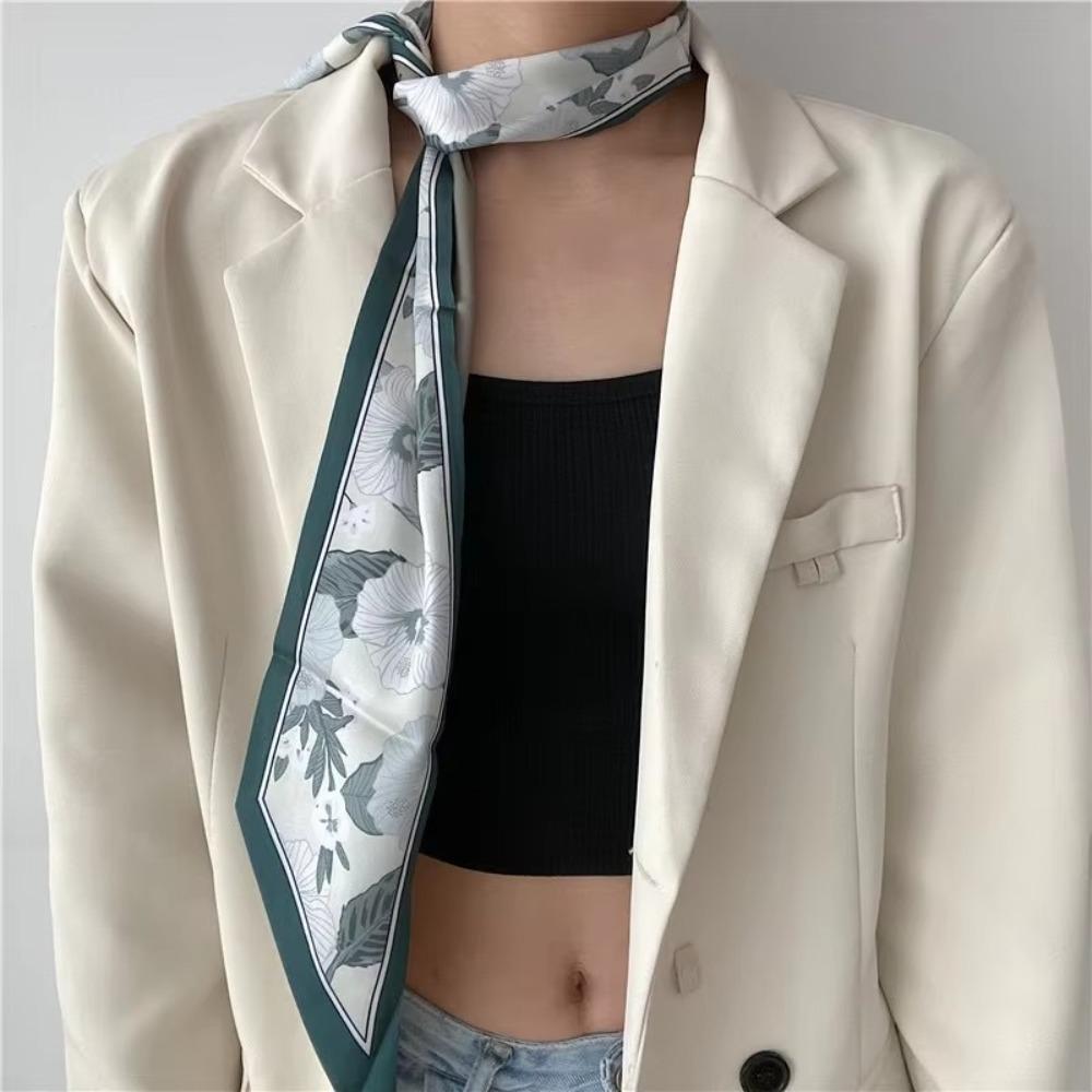 Floral Silk Satin Scarf Narrow Thin Vacation Headscarf Summer Tied Hairband