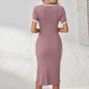 Women's Slim Fit Ribbed Knit Dress Polo Collar Short Sleeve Bodycon Waistband Pencil Skirt Mid Length Dress
